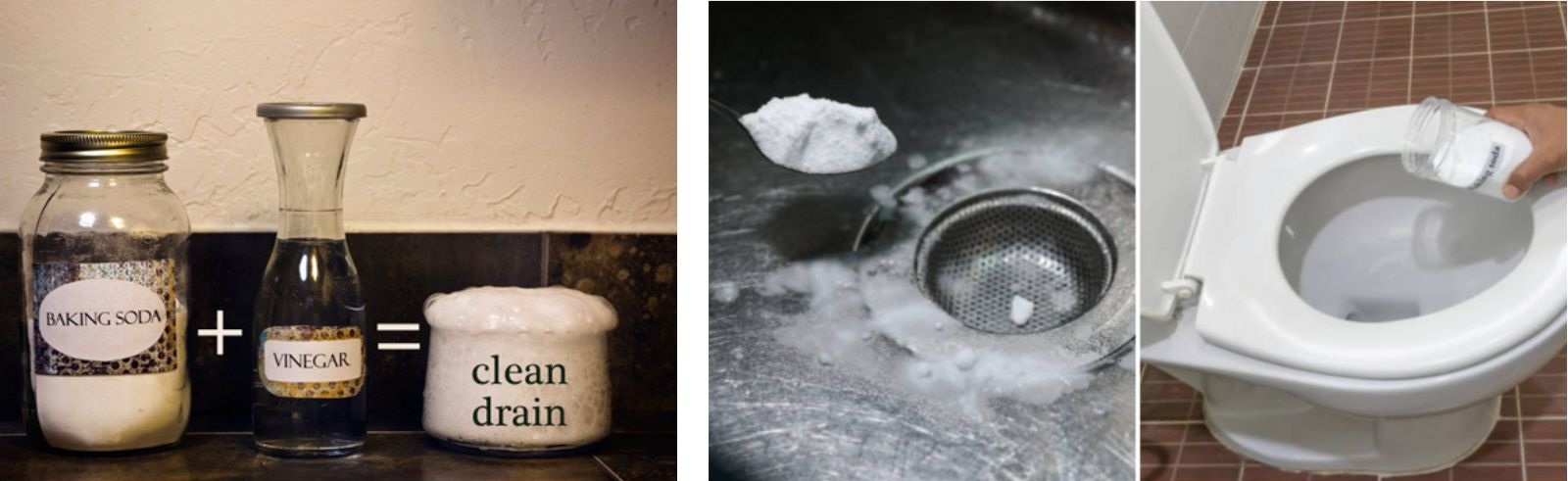 baking soda và giấm được đổ vào bồn cầu và đang tạo phản ứng sủi bọt