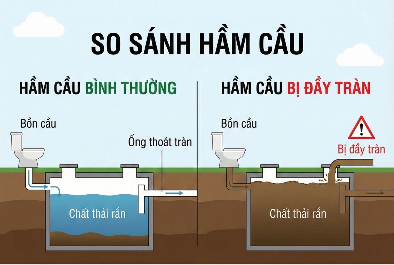 Hình ảnh minh họa so sánh mặt cắt hầm cầu bình thường và hầm cầu bị đầy tràn ngược lên ống dẫn