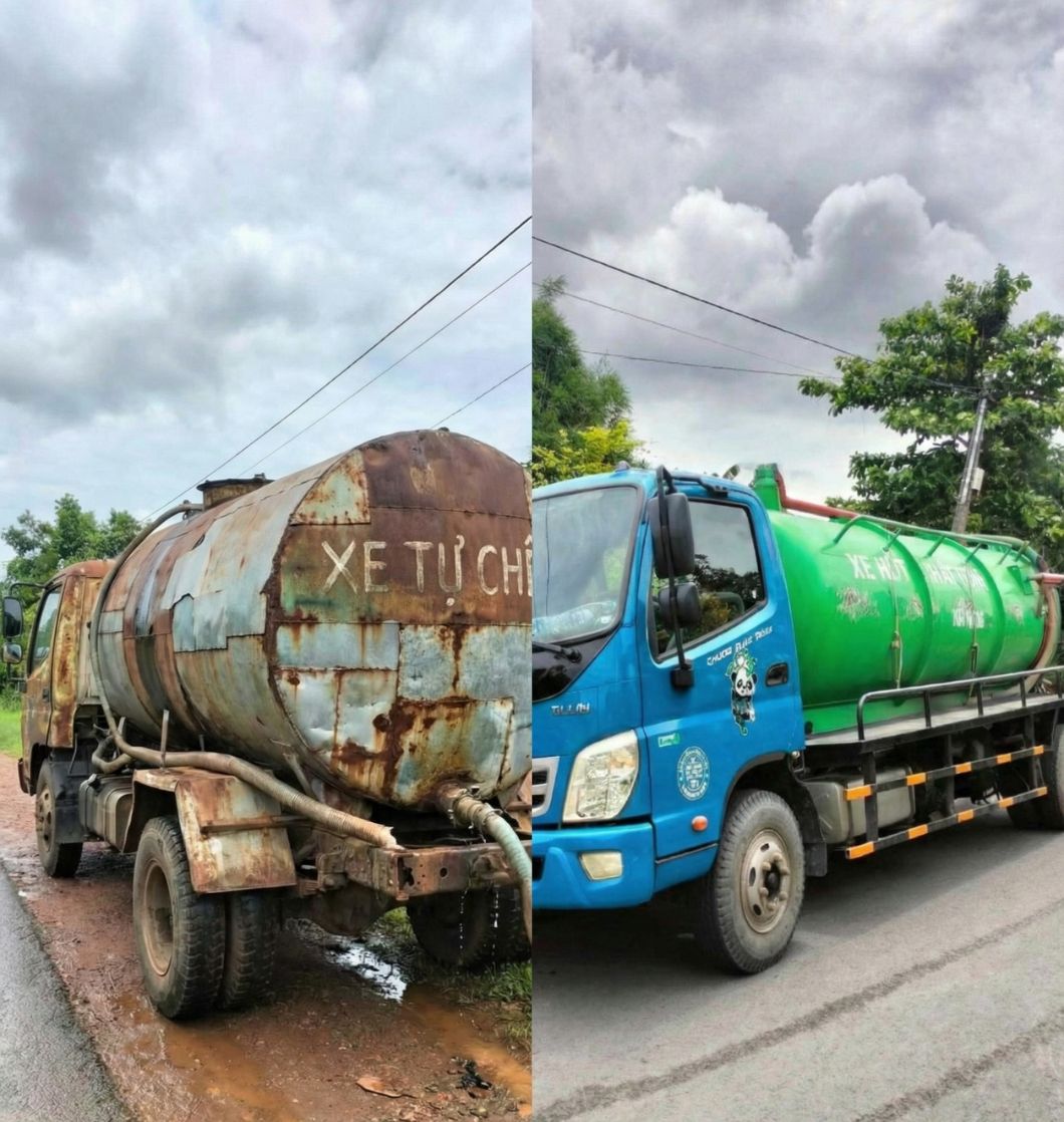 Hình ảnh so sánh giữa xe bồn tự chế cũ kỹ rỉ sét và xe bồn hút chân không hiện đại, sạch sẽ
