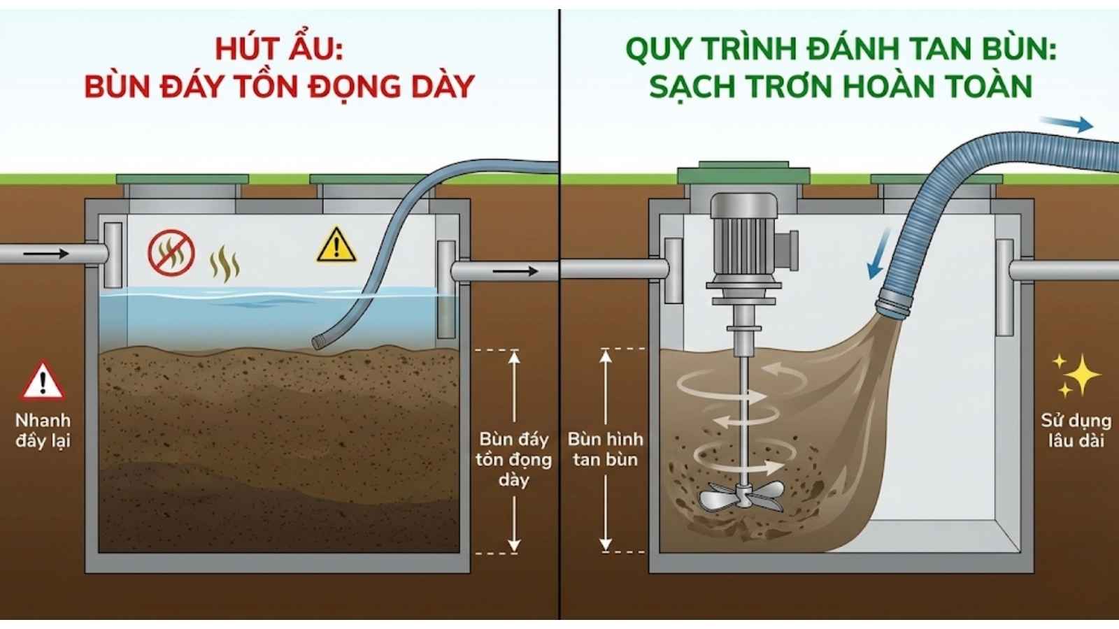 Hình ảnh so sánh mô phỏng: Một bên là hầm cầu còn lại lớp bùn đáy dày do hút ẩu, một bên là hầm cầu sạch trơn sau khi áp dụng quy trình đánh tan bùn