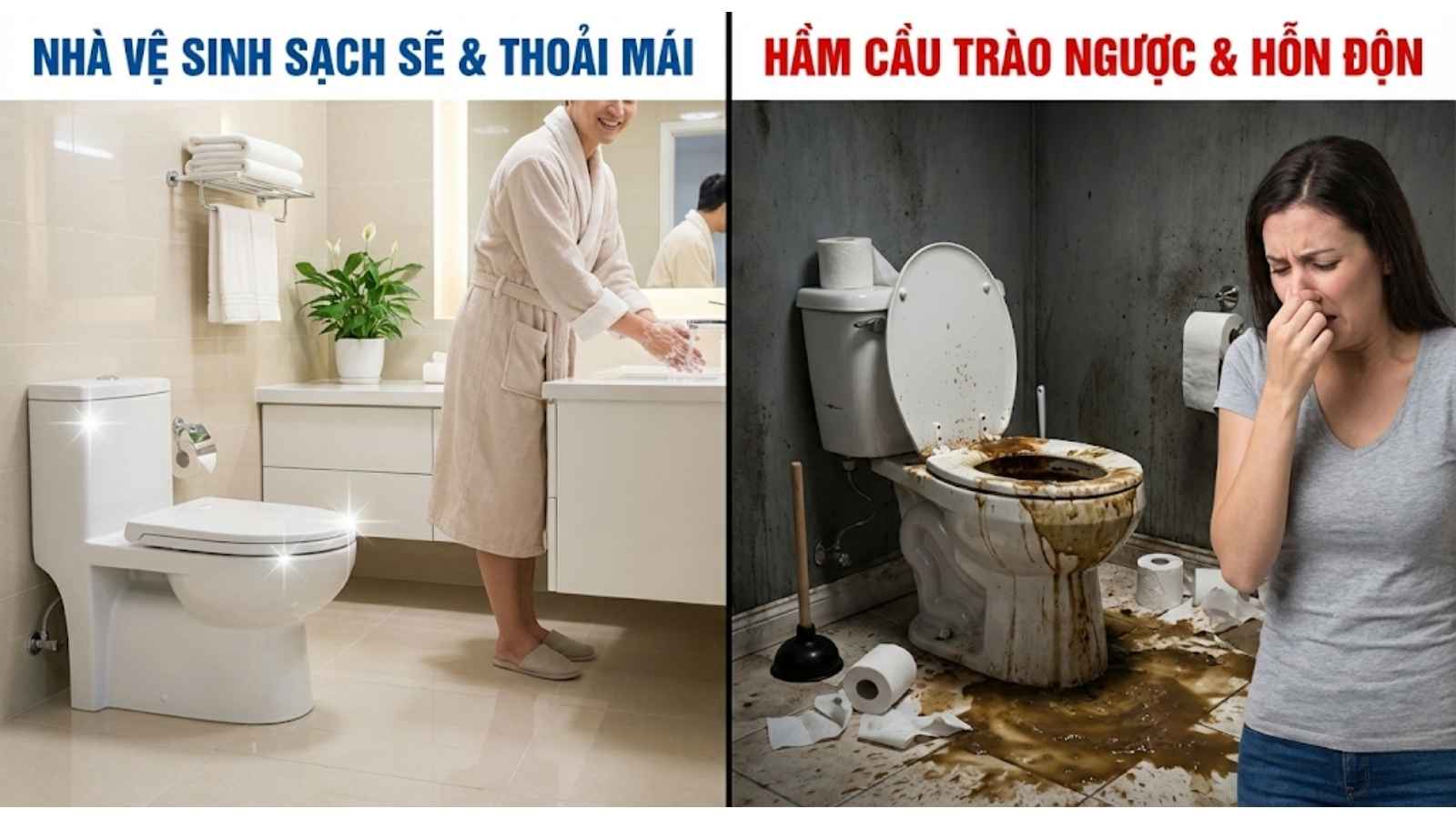 Hình ảnh so sánh sự thoải mái của một nhà vệ sinh sạch sẽ và sự hỗn độn, bẩn thỉu khi hầm cầu bị trào ngược