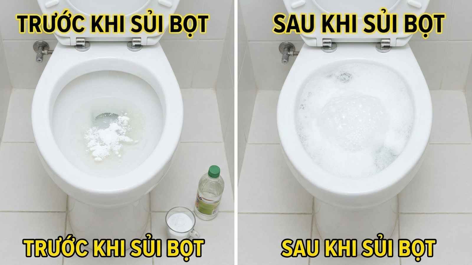 Hình ảnh so sánh trước và sau khi đổ hỗn hợp baking soda và giấm đang sủi bọt trong bồn cầu