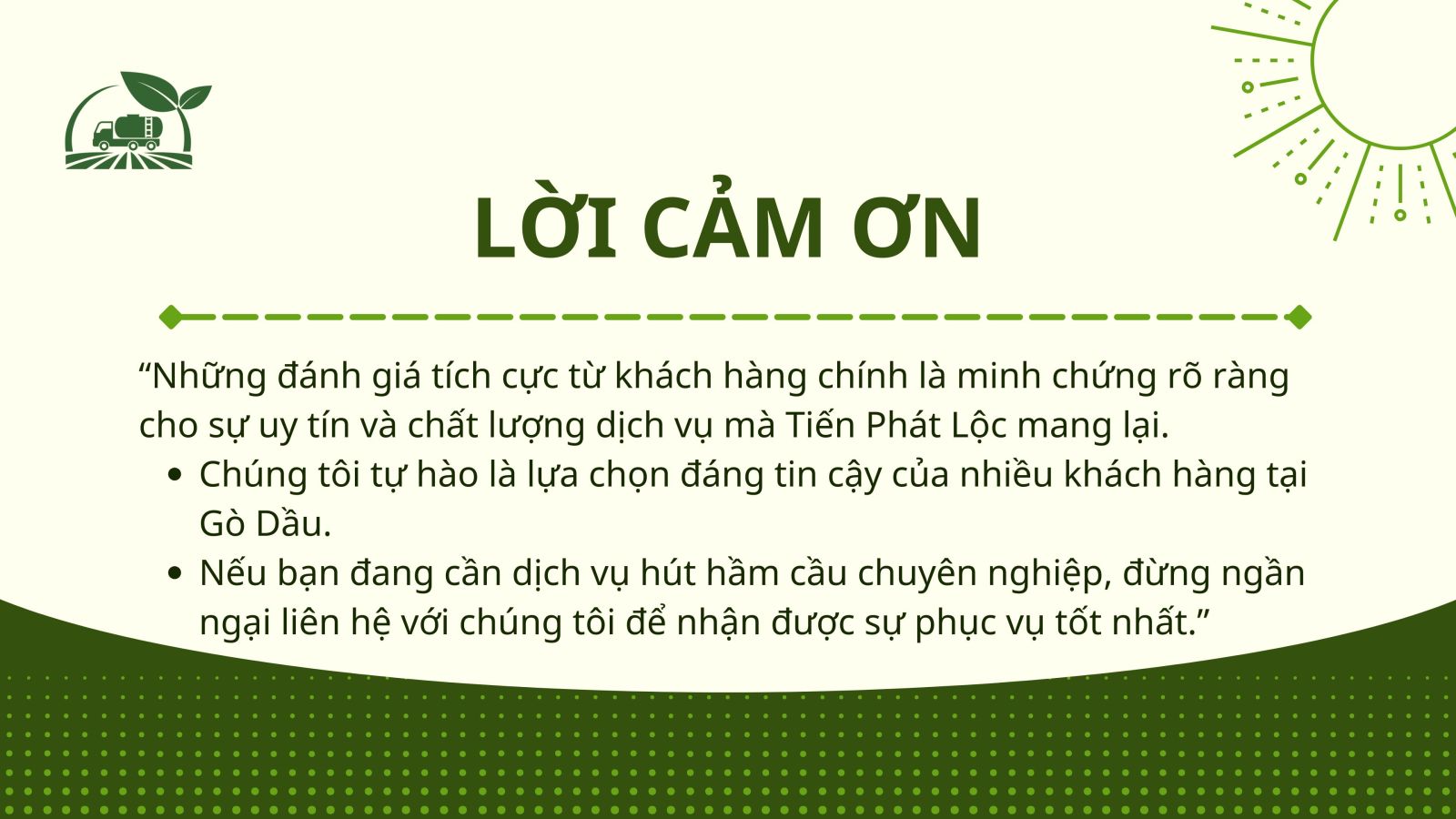 Lời cảm ơn của Tiến Phát Lộc đối với các đánh giá của khách hàng tại Gò Dầu