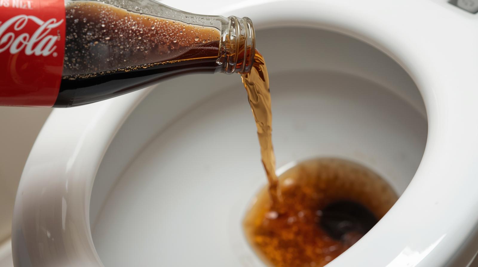 Một chai Coca Cola đang được đổ trực tiếp vào bồn cầu bị nghẹt