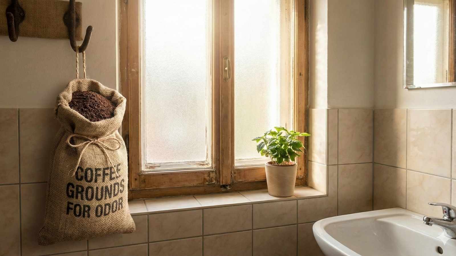 Một túi vải chứa bã cà phê treo gần cửa sổ nhà vệ sinh