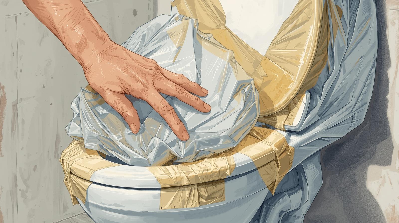 bồn cầu được dán kín bằng băng dính và hành động dùng tay nhấn xuống khi băng dính phồng lên