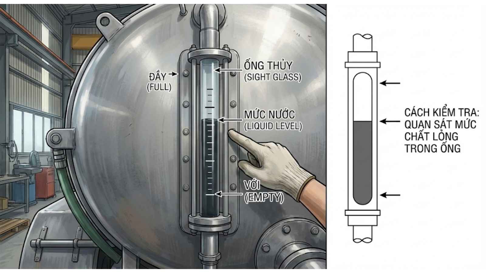 Minh họa cách kiểm tra ống thủy (Sight glass) trên xe bồn hút chân không