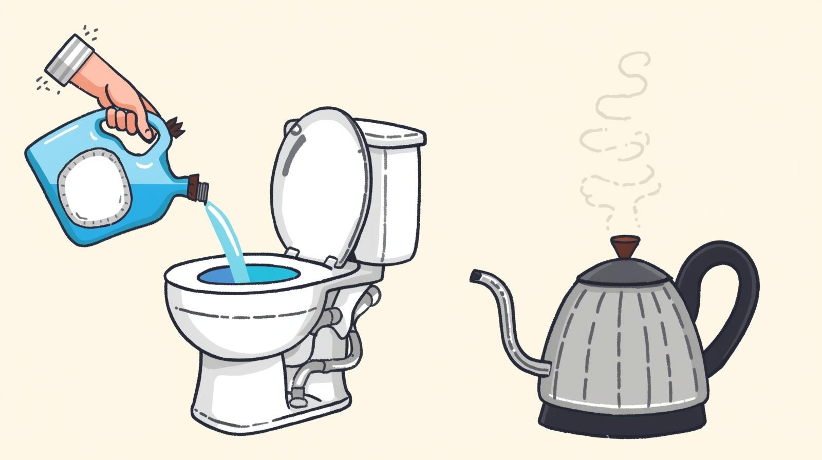 đổ nước rửa chén và một ấm nước nóng vào bồn cầu