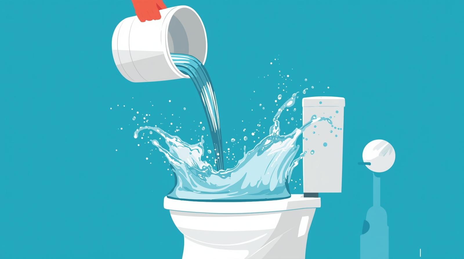 dội một xô nước lớn từ trên cao xuống bồn cầu một cách dứt khoát