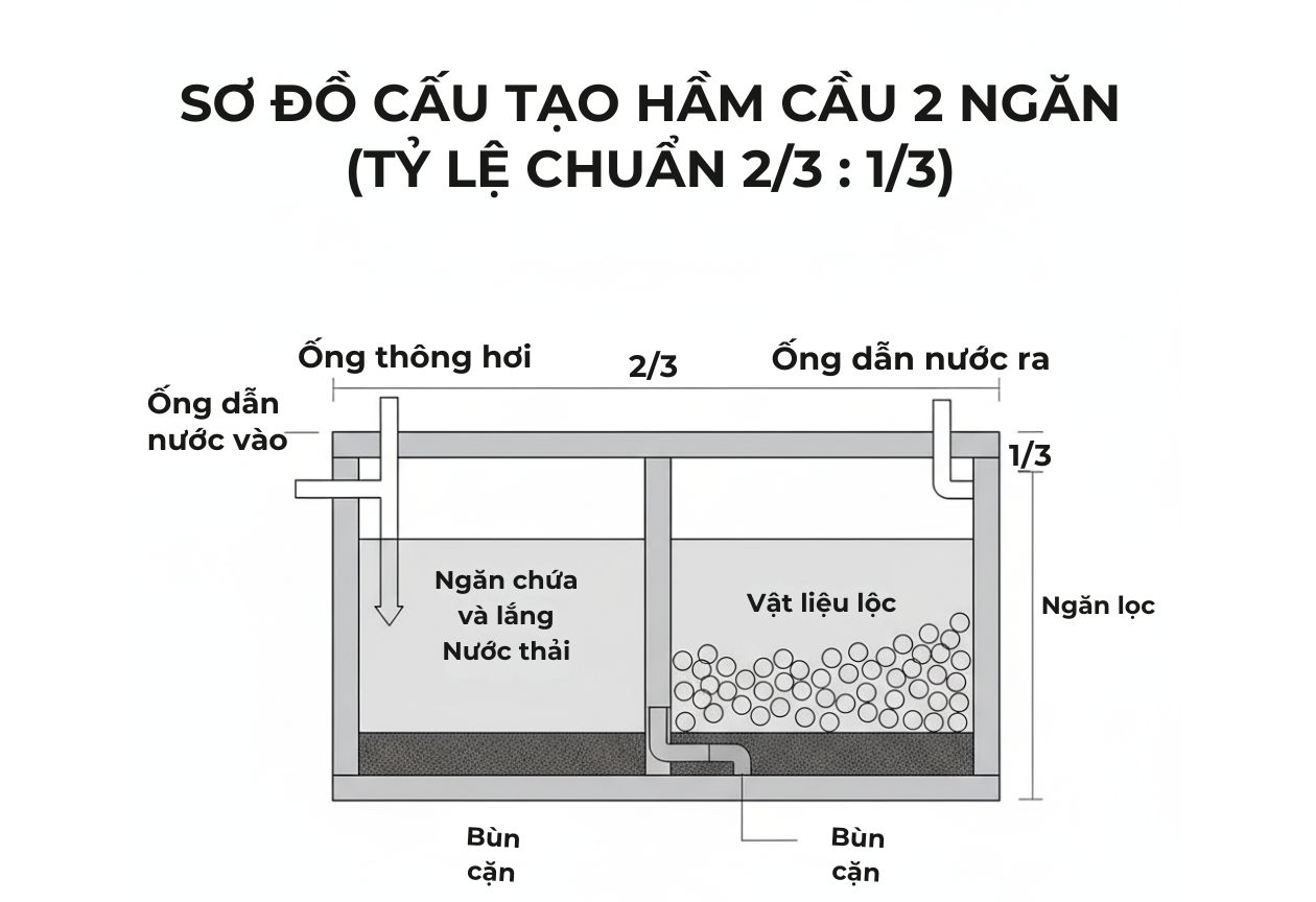 Sơ đồ cấu tạo hầm cầu 2 ngăn, chỉ rõ tỷ lệ 2/3 và 1/3