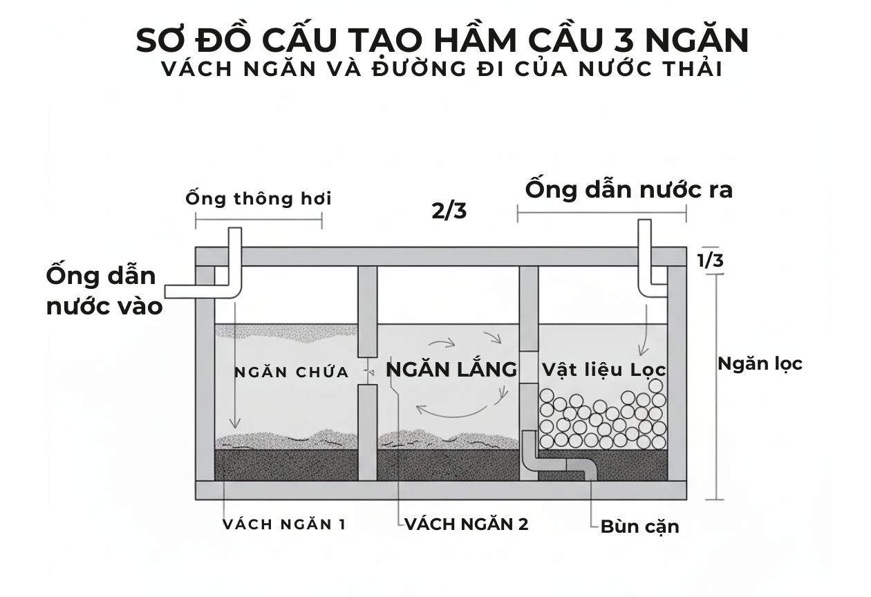Sơ đồ cấu tạo hầm cầu 3 ngăn, chỉ rõ các vách ngăn và đường đi của nước thải