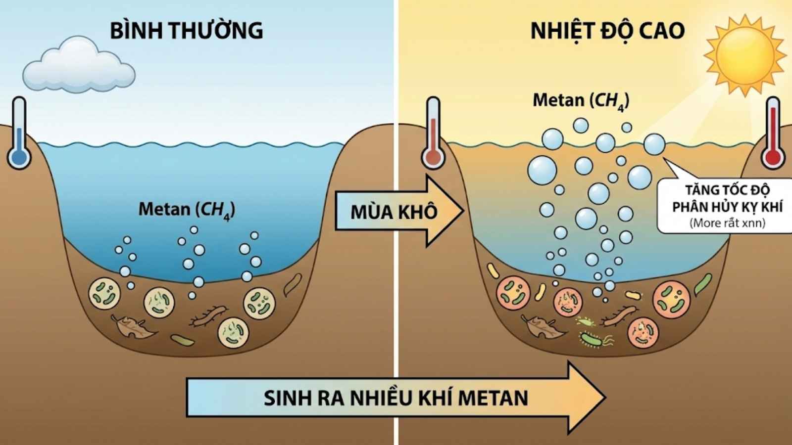 Vào mùa khô, nhiệt độ cao có thể làm tăng tốc độ phân hủy kỵ khí, sinh ra nhiều khí Metan