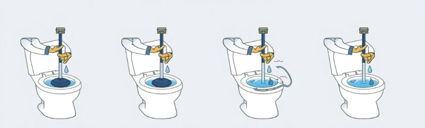 sử dụng pittong thụt bồn cầu đúng kỹ thuật, nhấn mạnh việc pittong phải ngập trong nước