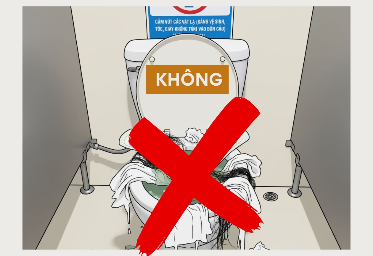 các vật lạ (băng vệ sinh, tóc, giấy không tan) bị cấm vứt vào bồn cầu