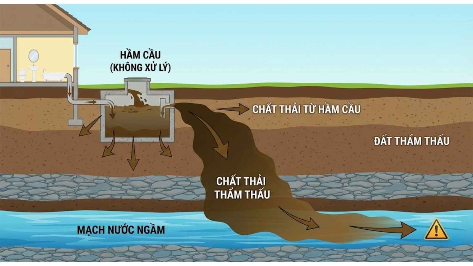 hình ảnh chất thải từ hầm cầu thẩm thấu vào mạch nước ngầm nếu không được xử lý]