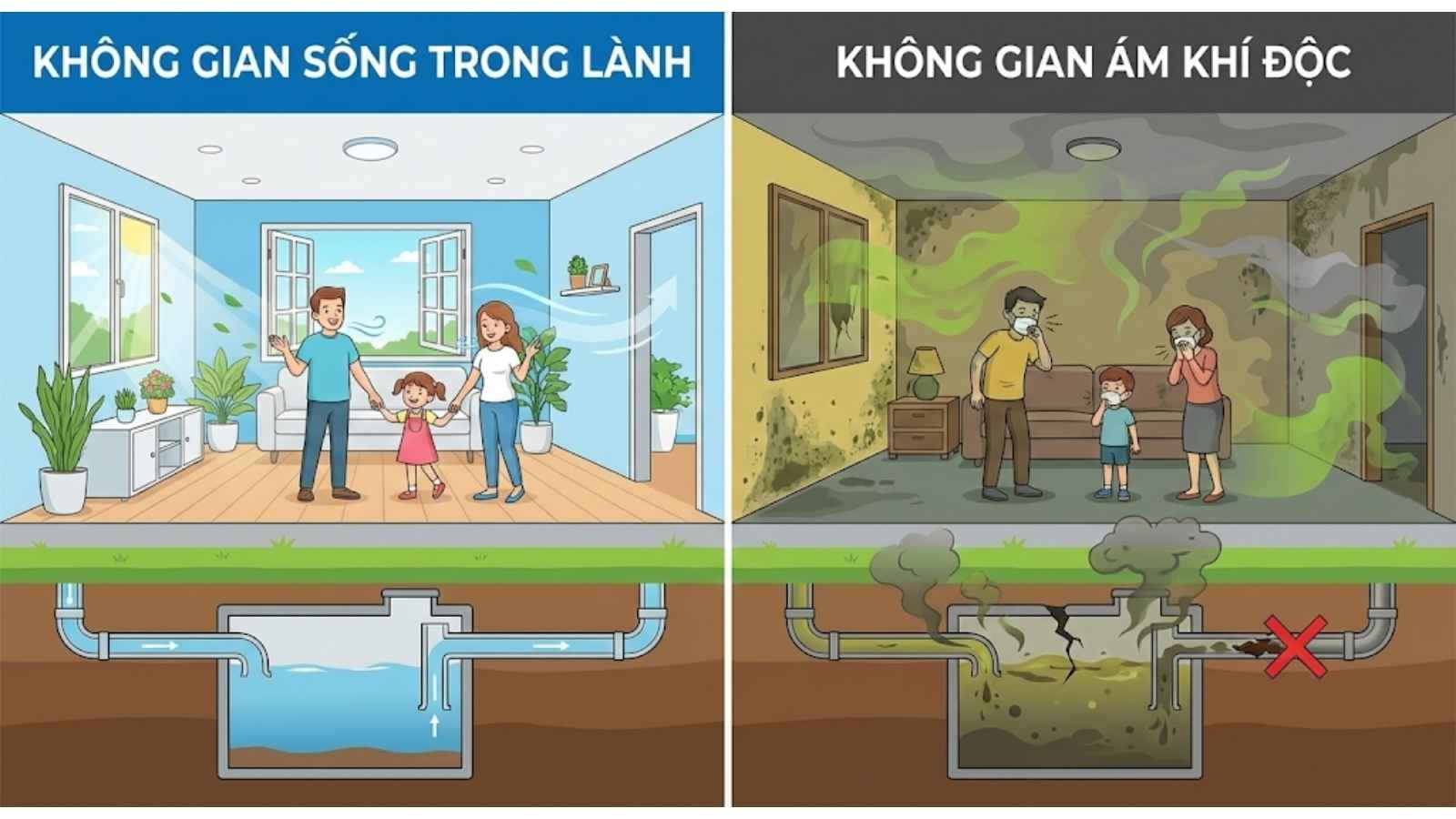 hình ảnh: Minh họa so sánh không gian sống trong lành khi hệ thống vệ sinh sạch sẽ và không gian bị ám khí độc