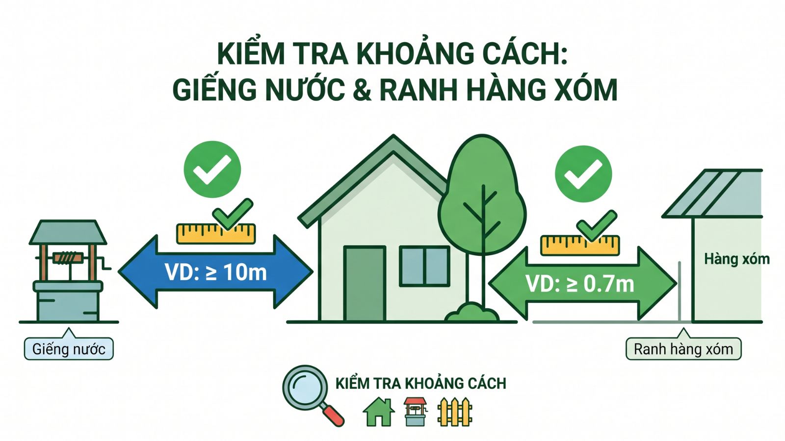 Kiểm tra khoảng cách tới giếng nước và ranh hàng xóm