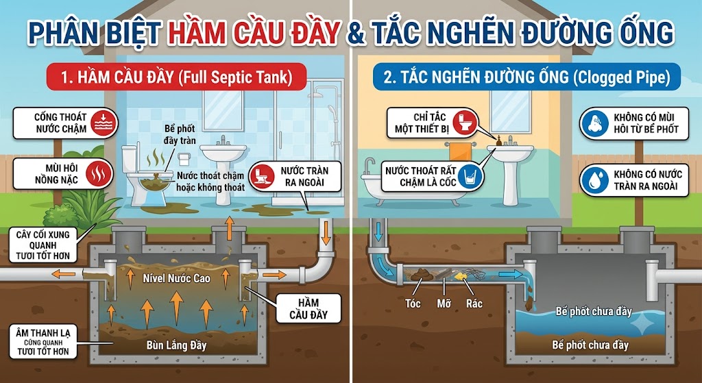 Phân biệt hầm cầu đầy và tắc nghẽn đường ống