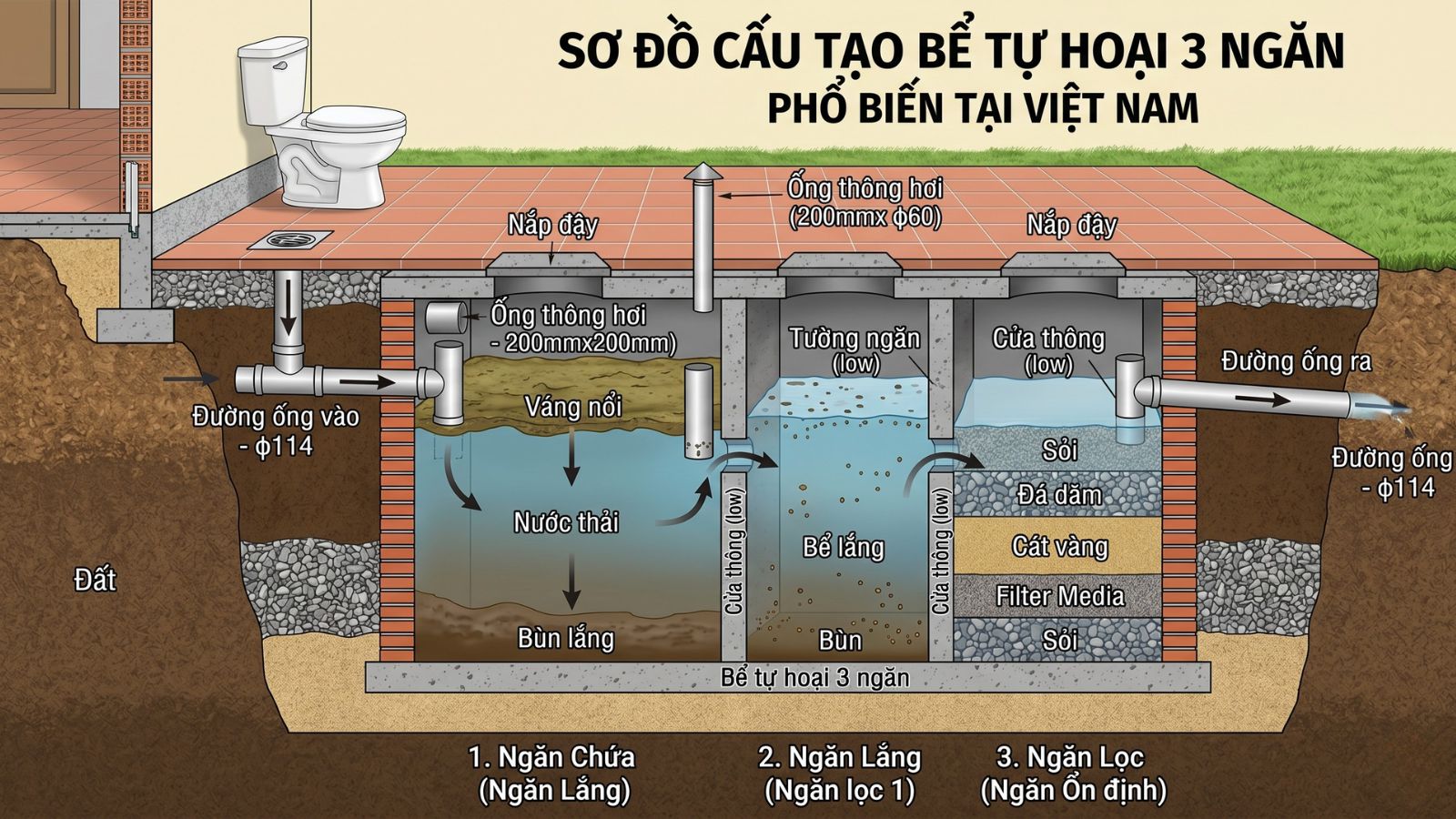 Hình ảnh cấu tạo hầm cầu tự hoại 3 ngăn