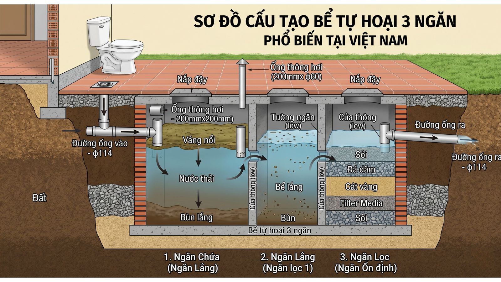Sơ đồ nguyên lý hoạt động của bể tự hoại 3 ngăn