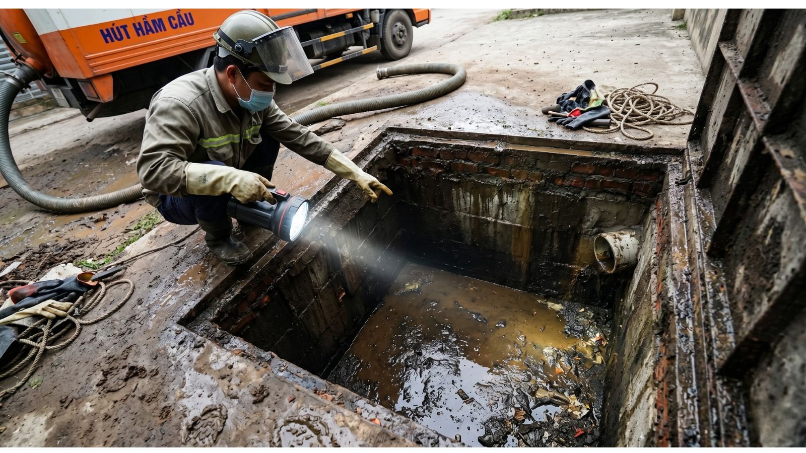 soi đèn xuống đáy hầm sau khi hút xong