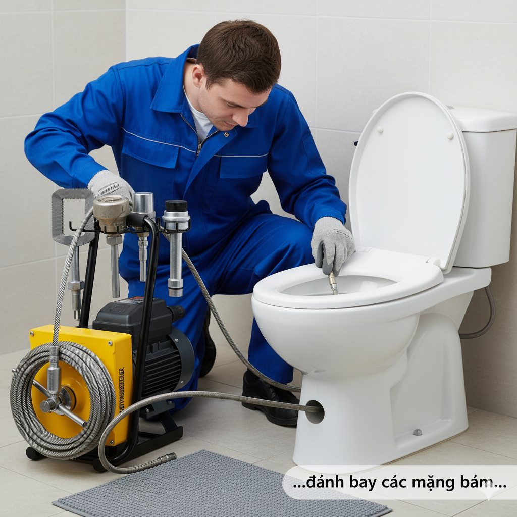 vận hành máy thông tắc lò xo điện chuyên dụng đưa vào bồn cầu