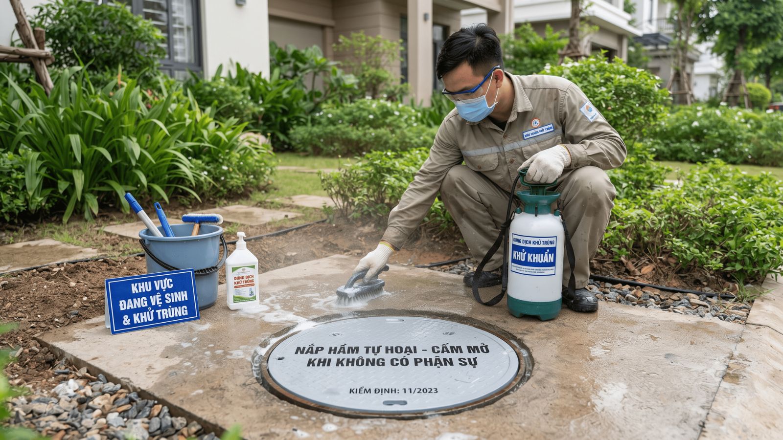 Vệ sinh và khử khuẩn khu vực quanh nắp hầm