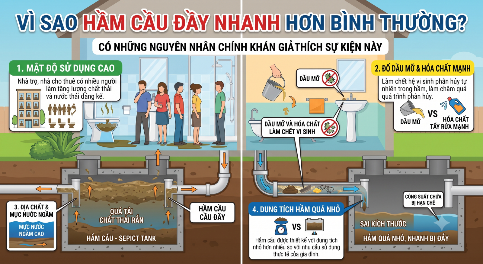 Vì sao hầm cầu đầy nhanh hơn bình thường?